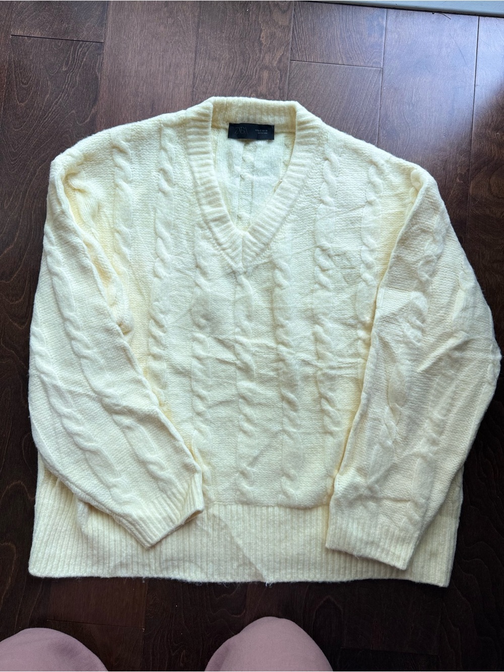 Soft Yellow Cable-Knit V-Neck Sweater
